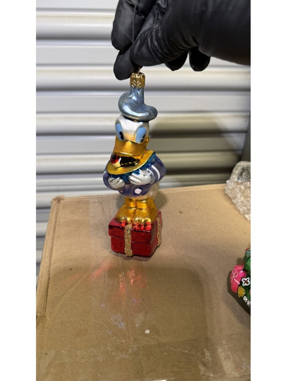 Disney Donald Duck Glass Christmas Ornament Standing on Red Gift Box